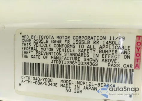 2000 Toyota Echo из США, поврежденный, VIN JTDBT1236Y0028362